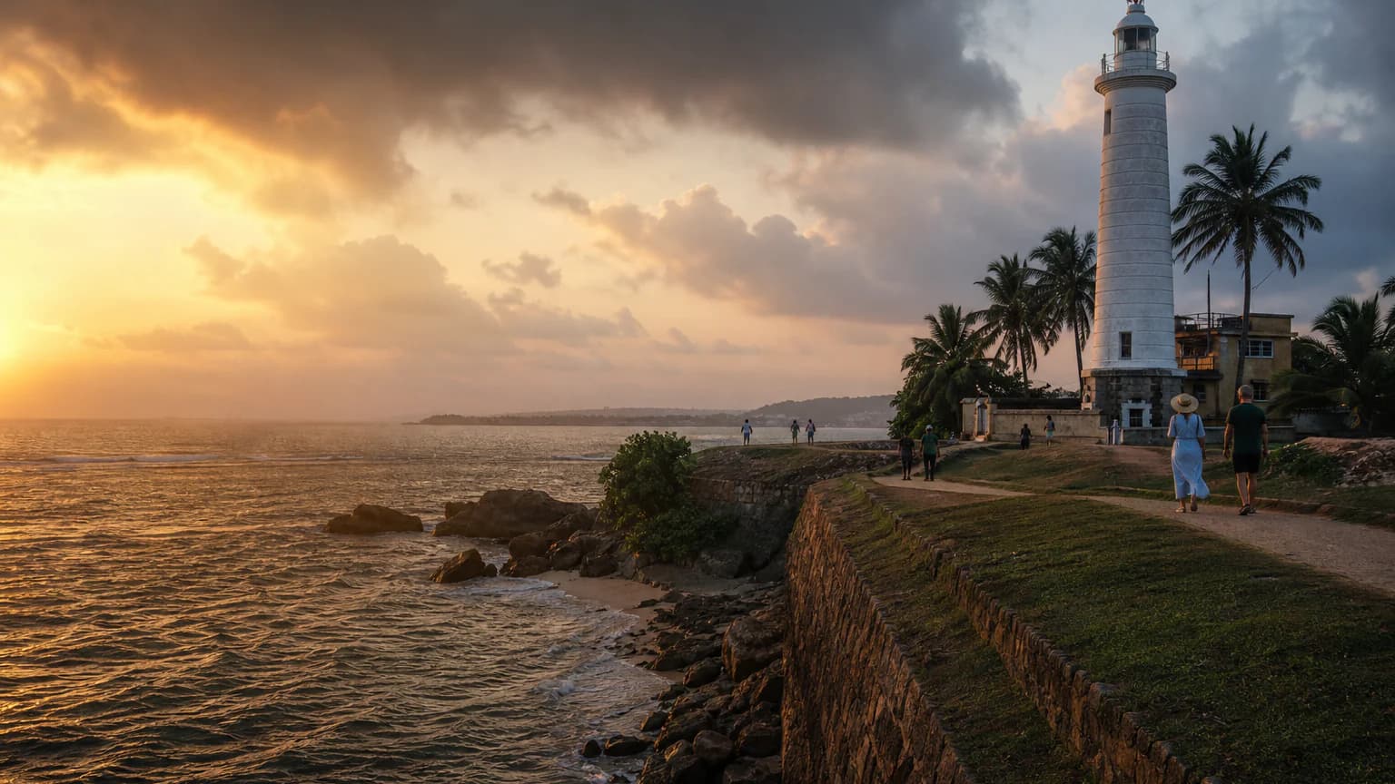 Galle Fort day trip — Galle Fort lighthouse and ocean ramparts at sunset in Sri Lanka