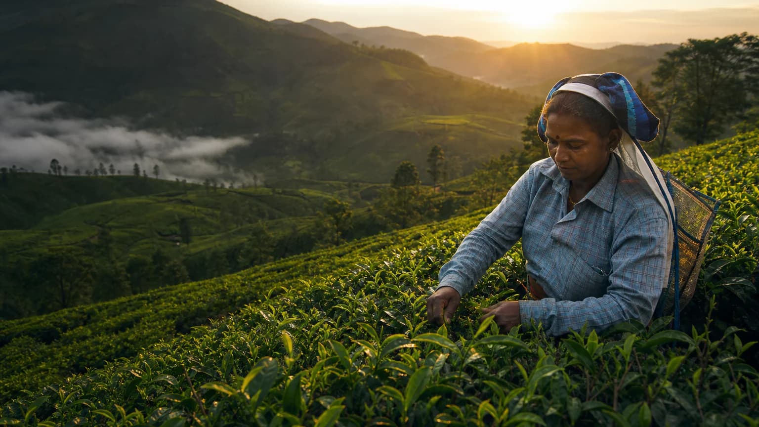 Tea country — Tea plucker working among Sri Lanka's misty hill-country terraces