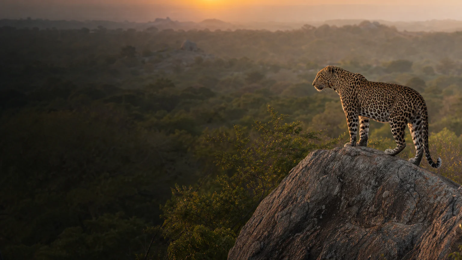 Sri Lankan leopard overlooking Yala National Park at sunrise